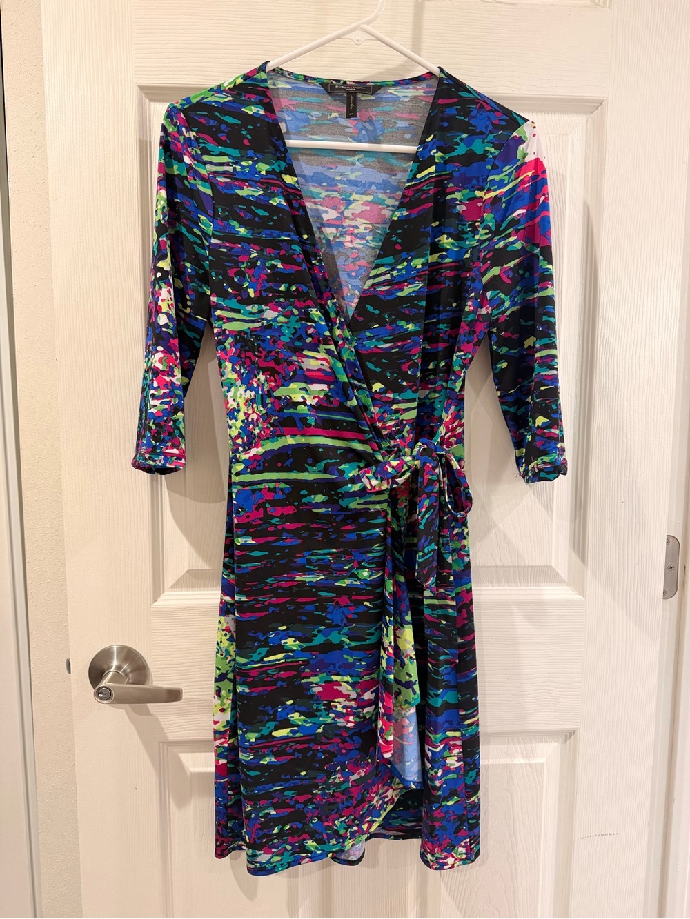 BCBGMaxAzria Multicolor Abstract Midi Wrap Dress — Blue, Green, Pink Accents